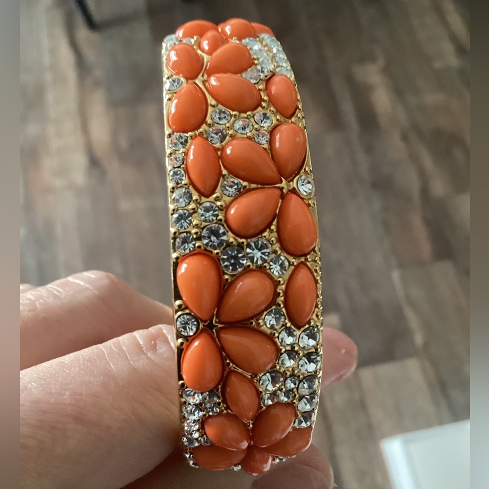 Coral & rhinestone hinged cuff bracelet